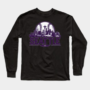 Retro Vintage Purple Seattle Baseball Cityscape Long Sleeve T-Shirt
